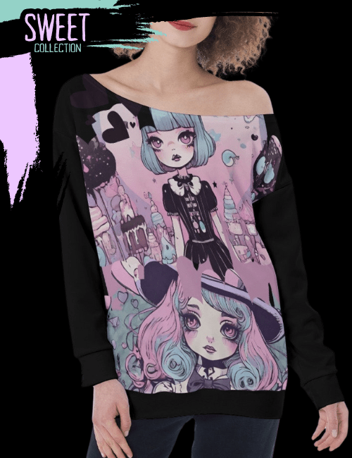 Sweet Gothic Anime Girl Oversized Women’s Off-Shoulder Sweatshirt Toxxic Apple Clothing Alternative Clothing for Adults